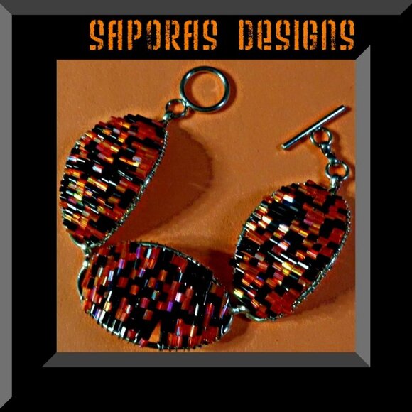 Handmade Black & Orange Beaded Bracelet With Silver Tone Finish Native Ethnic - Picture 1 of 1